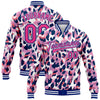 Custom White Pink-Royal Leopard Print 3D Pattern Design Bomber Full-Snap Varsity Letterman Jacket