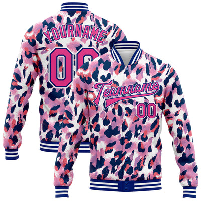 Custom White Pink-Royal Leopard Print 3D Pattern Design Bomber Full-Snap Varsity Letterman Jacket