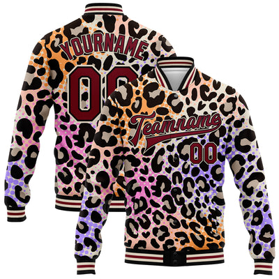 Custom City Cream Crimson-Black Leopard Print 3D Pattern Design Bomber Full-Snap Varsity Letterman Jacket