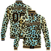 Custom Sky Blue Black-Old Gold Leopard Print 3D Pattern Design Bomber Full-Snap Varsity Letterman Jacket