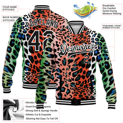 Custom Orange Black-White Leopard Print 3D Pattern Design Bomber Full-Snap Varsity Letterman Jacket