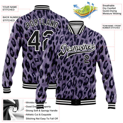 Custom Purple Black-White Leopard Print 3D Pattern Design Bomber Full-Snap Varsity Letterman Jacket