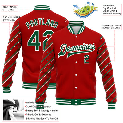 Custom Red Kelly Green-White Christmas 3D Bomber Full-Snap Varsity Letterman Jacket