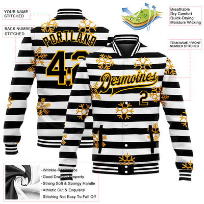 Custom Black Gold-White Christmas Gold Snowflakes 3D Bomber Full-Snap Varsity Letterman Jacket