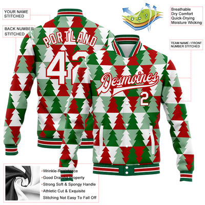 Custom Kelly Green White-Red Christmas Tree 3D Bomber Full-Snap Varsity Letterman Jacket