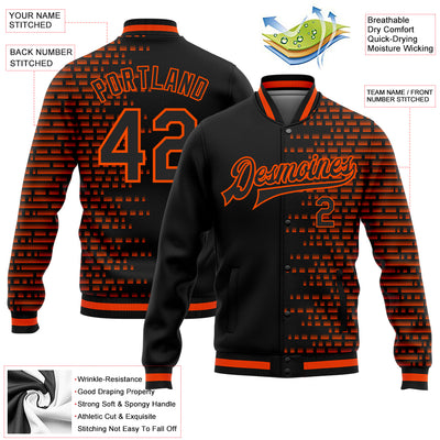 Custom Black Orange Halftone 3D Pattern Design Bomber Full-Snap Varsity Letterman Jacket