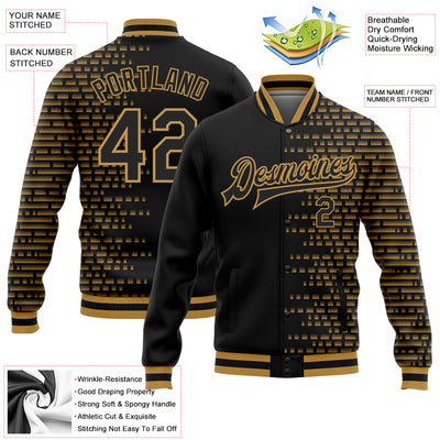 Custom Black Old Gold Halftone 3D Pattern Design Bomber Full-Snap Varsity Letterman Jacket