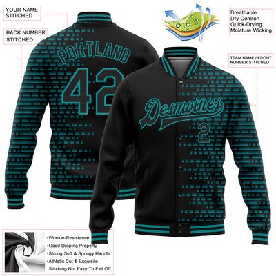 Custom Black Teal Halftone 3D Pattern Design Bomber Full-Snap Varsity Letterman Jacket