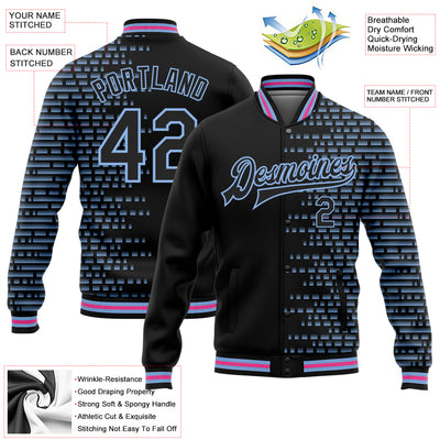 Custom Black Light Blue-Pink Halftone 3D Pattern Design Bomber Full-Snap Varsity Letterman Jacket