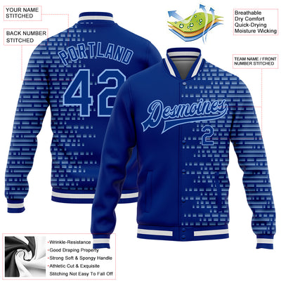 Custom Royal Light Blue-White Halftone 3D Pattern Design Bomber Full-Snap Varsity Letterman Jacket