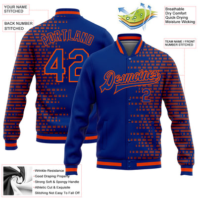 Custom Royal Orange Halftone 3D Pattern Design Bomber Full-Snap Varsity Letterman Jacket