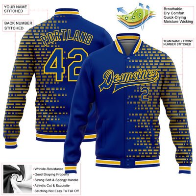 Custom Royal Yellow Halftone 3D Pattern Design Bomber Full-Snap Varsity Letterman Jacket