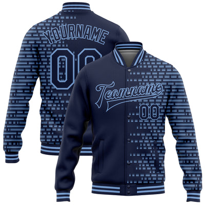 Custom Navy Light Blue Halftone 3D Pattern Design Bomber Full-Snap Varsity Letterman Jacket