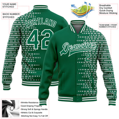 Custom Kelly Green White Halftone 3D Pattern Design Bomber Full-Snap Varsity Letterman Jacket