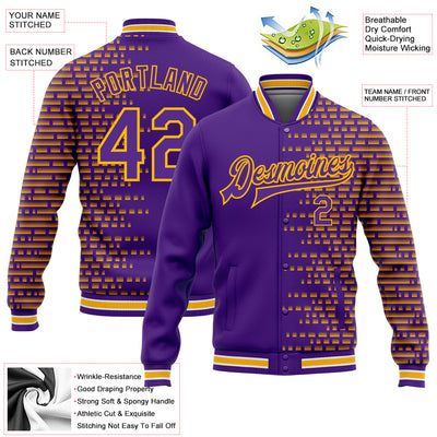 Custom Purple Gold-White Halftone 3D Pattern Design Bomber Full-Snap Varsity Letterman Jacket