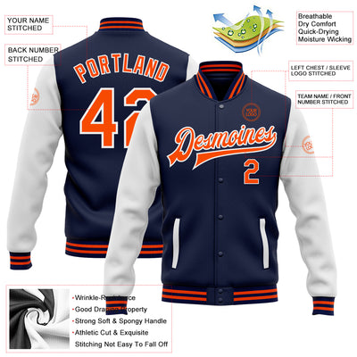 Custom Navy Orange-White Bomber Full-Snap Varsity Letterman Two Tone Jacket