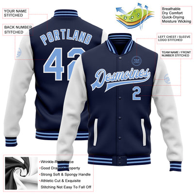 Custom Navy Light Blue-White Bomber Full-Snap Varsity Letterman Two Tone Jacket