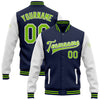 Custom Navy Neon Green-White Bomber Full-Snap Varsity Letterman Two Tone Jacket