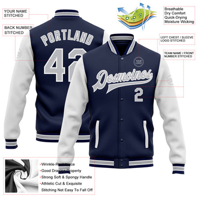 Custom Navy Gray-White Bomber Full-Snap Varsity Letterman Two Tone Jacket