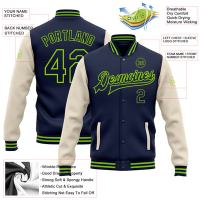 Custom Navy Cream-Neon Green Bomber Full-Snap Varsity Letterman Two Tone Jacket