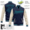 Custom Navy Cream-Teal Bomber Full-Snap Varsity Letterman Two Tone Jacket