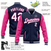 Custom Navy White-Pink Bomber Full-Snap Varsity Letterman Two Tone Jacket