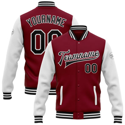 Custom Crimson Black-White Bomber Full-Snap Varsity Letterman Two Tone Jacket