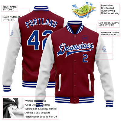 Custom Crimson Royal-White Bomber Full-Snap Varsity Letterman Two Tone Jacket