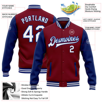 Custom Crimson White-Royal Bomber Full-Snap Varsity Letterman Two Tone Jacket