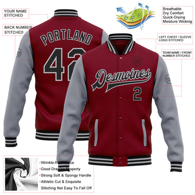 Custom Crimson Black-Gray Bomber Full-Snap Varsity Letterman Two Tone Jacket