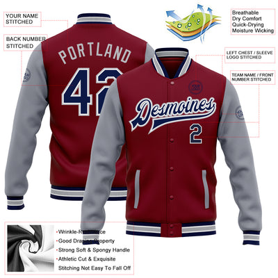 Custom Crimson Navy-Gray Bomber Full-Snap Varsity Letterman Two Tone Jacket