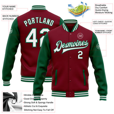 Custom Crimson White-Kelly Green Bomber Full-Snap Varsity Letterman Two Tone Jacket