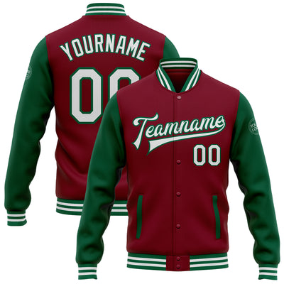 Custom Crimson White-Kelly Green Bomber Full-Snap Varsity Letterman Two Tone Jacket