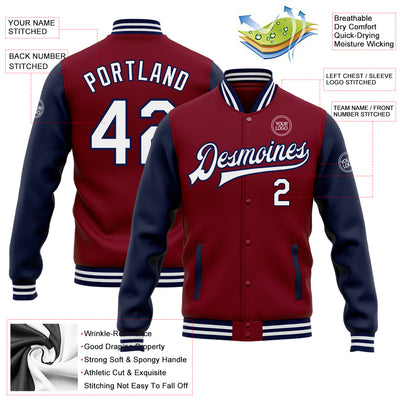 Custom Crimson White-Navy Bomber Full-Snap Varsity Letterman Two Tone Jacket