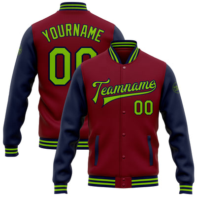 Custom Crimson Neon Green-Navy Bomber Full-Snap Varsity Letterman Two Tone Jacket