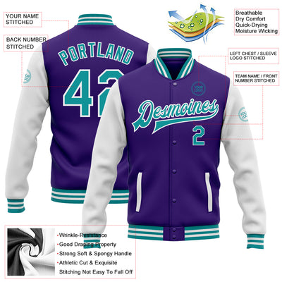 Custom Purple Teal-White Bomber Full-Snap Varsity Letterman Two Tone Jacket