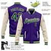 Custom Purple Green-Cream Bomber Full-Snap Varsity Letterman Two Tone Jacket