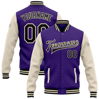 Custom Purple Black-Cream Bomber Full-Snap Varsity Letterman Two Tone Jacket