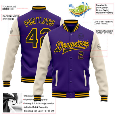 Custom Purple Black Cream-Gold Bomber Full-Snap Varsity Letterman Two Tone Jacket