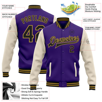 Custom Purple Black Cream-Old Gold Bomber Full-Snap Varsity Letterman Two Tone Jacket