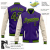 Custom Purple Black Cream-Neon Green Bomber Full-Snap Varsity Letterman Two Tone Jacket