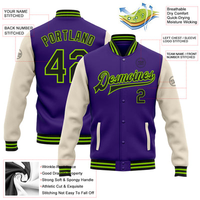 Custom Purple Black Cream-Neon Green Bomber Full-Snap Varsity Letterman Two Tone Jacket