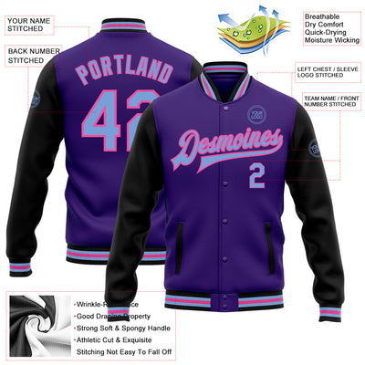 Custom Purple Light Blue Black-Pink Bomber Full-Snap Varsity Letterman Two Tone Jacket