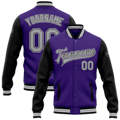 Custom Purple Gray Black-White Bomber Full-Snap Varsity Letterman Two Tone Jacket