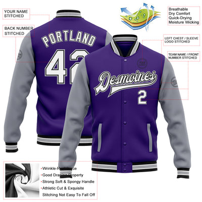 Custom Purple White Gray-Black Bomber Full-Snap Varsity Letterman Two Tone Jacket