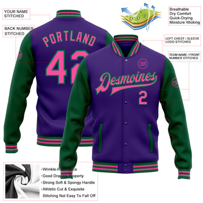 Custom Purple Pink-Kelly Green Bomber Full-Snap Varsity Letterman Two Tone Jacket