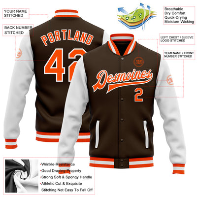 Custom Brown Orange-White Bomber Full-Snap Varsity Letterman Two Tone Jacket