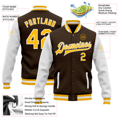 Custom Brown Gold-White Bomber Full-Snap Varsity Letterman Two Tone Jacket