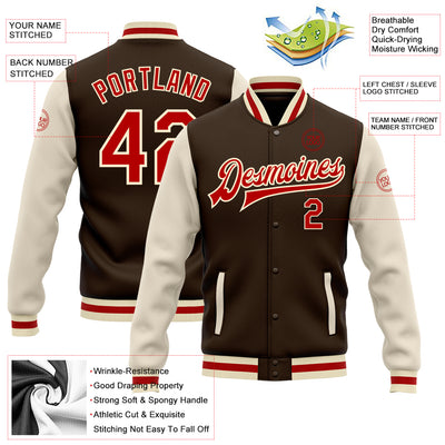 Custom Brown Red-Cream Bomber Full-Snap Varsity Letterman Two Tone Jacket