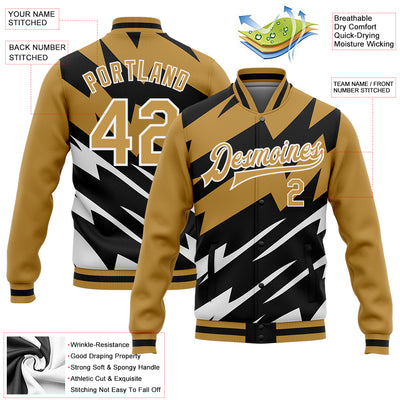 Custom Old Gold Black-White Lightning 3D Pattern Design Bomber Full-Snap Varsity Letterman Jacket